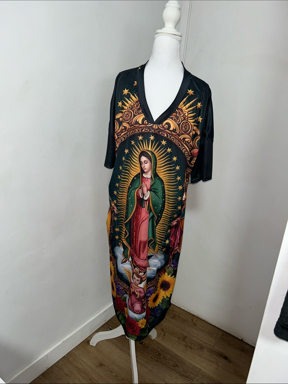 Black Maxi Dress with Virgin Mary Devotional Print